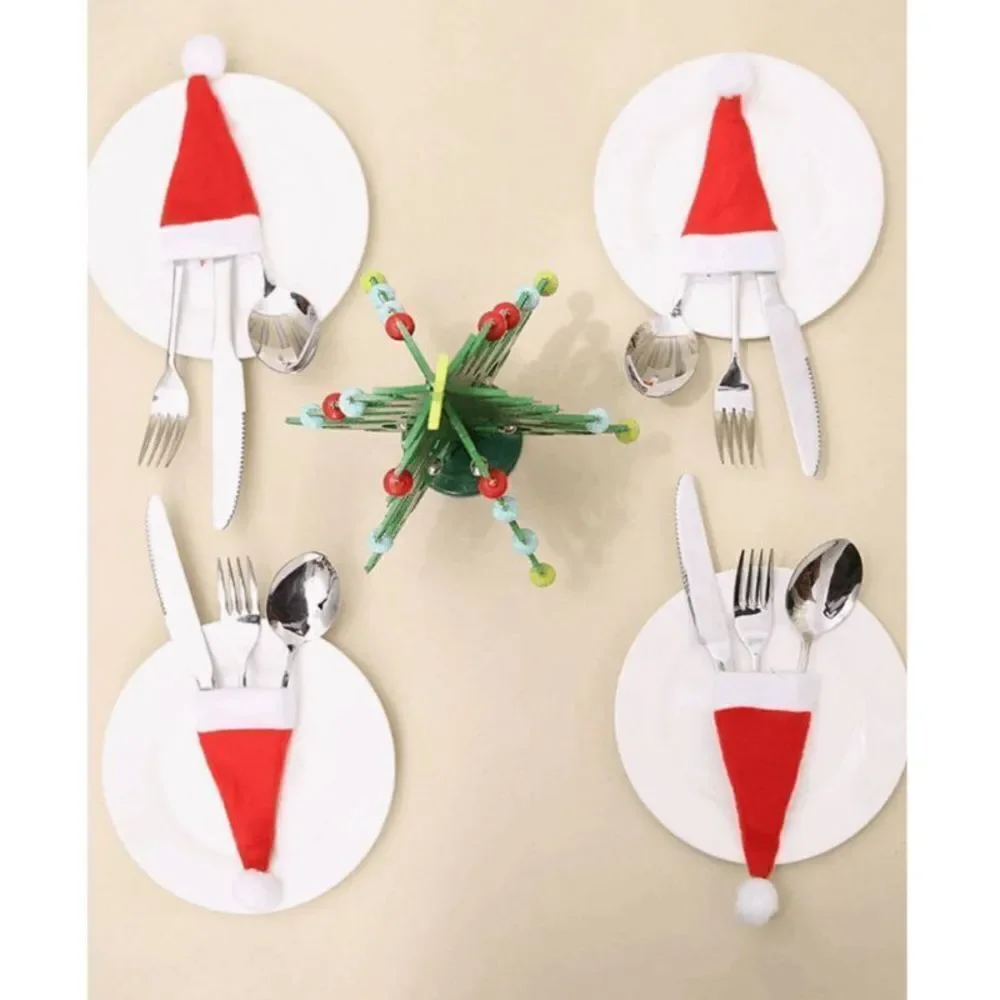 4pcs Christmas Hat Shaped Fabric Cutlery Holder, Christmas Hat Utensil Pouch